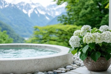 Sticker - Relaxing hot tub with mountain view and white hydrangea flowers