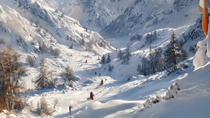 Canvas Print - A panoramic view of a snow-covered mountain valley with skiers winding their way down the slopes A bird's eye view of skiers winding their way through a snowy valley