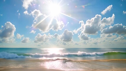 Poster - A beautiful beach scene with a bright sun shining over the ocean and white clouds floating in the sky A bright sun shining over a tranquil beach