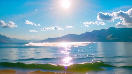 Wall Mural - A sunny day at the beach with blue waters, clear skies, and a mountain range in the background A bright sun shining over a tranquil beach