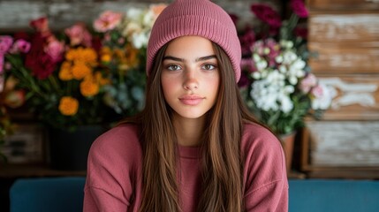 Wall Mural - young woman in pink hat and sweater posing in front of flowers