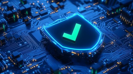 Poster - A close-up view of a digital security shield icon with a check mark, symbolizing cybersecurity and data protection on a circuit board.