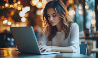 Woman writing on notebook, searching the information on laptop computer at coffee shop, closeup. Business woman taking note, planning work project on notebook, student studying online, Generative AI