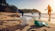 © H - Personas  juntando basura en una playa, cuidado del medio ambiente