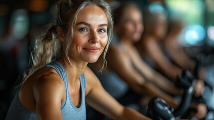 Poster - a young trainer doing cardio work out with a group of seniors in gym