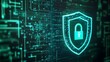 © Tackey - Cybersecurity concept showing a digital shield with a padlock in a futuristic green glowing interface background.