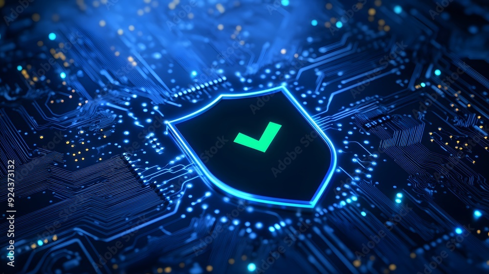Digital cybersecurity concept with a glowing shield and green checkmark ...