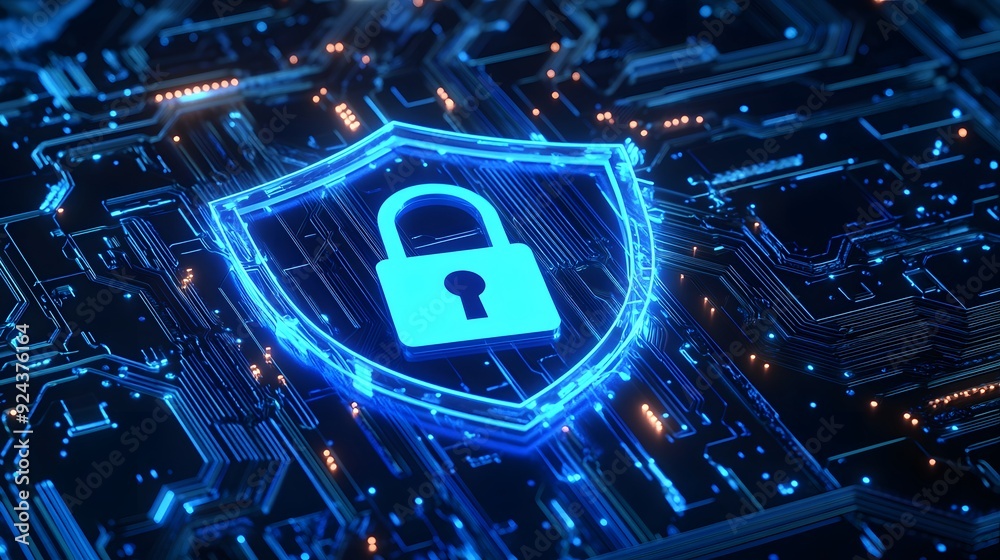 Digital security concept with glowing lock and shield on a circuit ...
