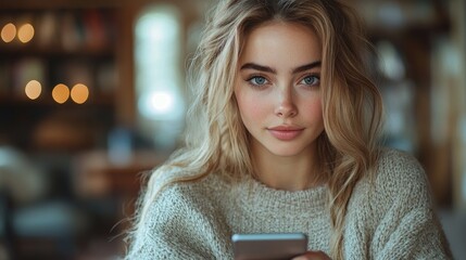 Poster - businesswoman attractive sitting indoors at the desk in office using smartphone