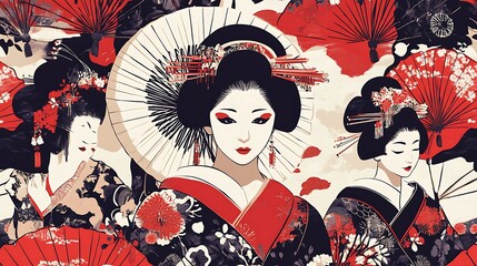 Japanese seamless pattern with geisha and parasols, blending retro style and traditional culture into a decorative design