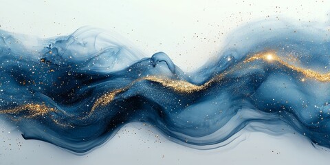 Wall Mural - Sparkling fluid wave. Glitter paint flow. Defocused gray white color ink liquid with metallic blue golden shiny sequin particles spill abstract art, Generative AI