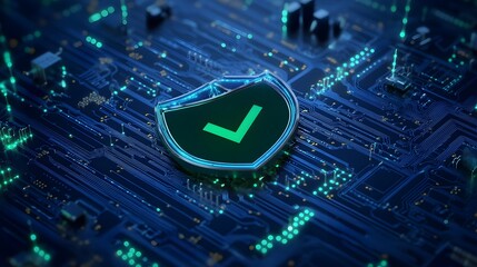 Poster - Digital shield with green checkmark on a circuit board, representing cybersecurity and data protection technology.