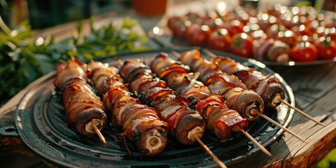 Wall Mural - Bacon wrapped mushrooms arranged on a platter for grilling on a barbecue