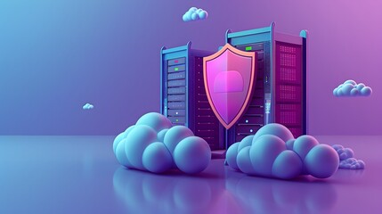 Poster - Futuristic cloud computing security. Shield protecting servers and data in a neon-colored environment with cloud symbols.