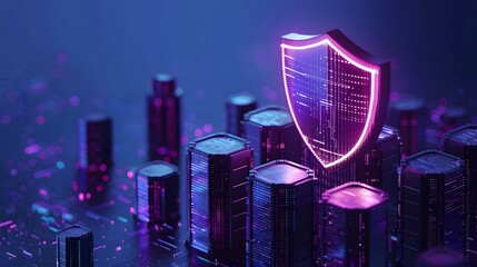 Futuristic cyber security concept with neon shield icon protecting server data infrastructure in a digital network.