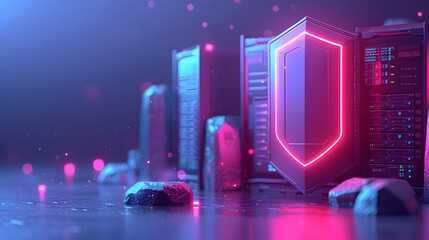 Poster - Futuristic data center with glowing shield icon, representing cybersecurity and data protection in a high-tech server environment.