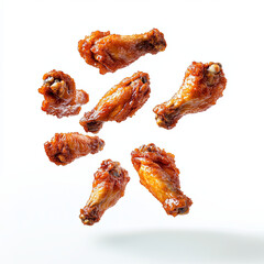 chicken wings floating in the air on white background	