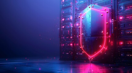 Poster - Futuristic server room with a vibrant neon shield symbol, representing cybersecurity and data protection, in a high-tech environment.