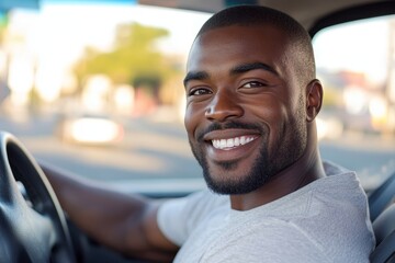 The smiling African American man embodies success as he proudly drives his new, Generative AI