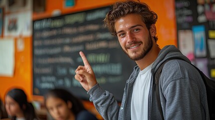 Poster - student explaining some ideas on a touch tv in classroom college