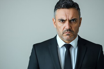 Wall Mural - Closeup headshot face portrait of worried boss businessman isolated on white studio background. Latin hispanic middle age focused man, manager, ceo in, Generative AI