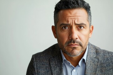 Closeup headshot face portrait of worried boss businessman isolated on white studio background. Latin hispanic middle age focused man, manager, ceo in, Generative AI