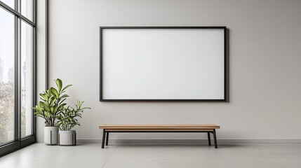 Wall Mural - semi close-up of a minimalist room featuring a large empty wall with a picture frame, wooden bench, and small decorative plants, bright natural light from a large window, clean lines and uncluttered