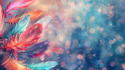 Sticker - Abstract background with colorful feathers and bokeh lights.