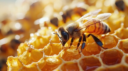 Wall Mural - Honeycomb Close-Up with Busy Bee