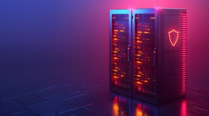 Poster - Two illuminated server racks in a futuristic setting, highlighting data security with glowing digital shield icons.