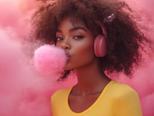 Canvas Print - Young woman with headphones blowing pink bubblegum against a pink background