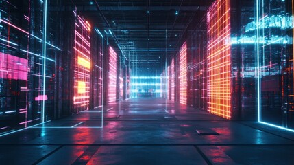 Futuristic Neon Corridor with Grid Pattern and Blue and Red Glowing Lights