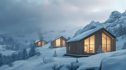 Wall Mural - Modern wooden cabins in the middle of the snowy mountain slope, generative ai