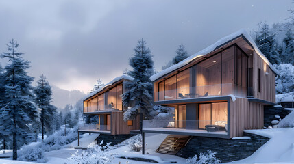 Wall Mural - Modern wooden cabins in the middle of the snowy mountain slope, generative ai