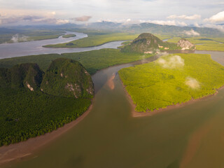 Wall Mural - Drone view of tropical sea at Phuket island in Thailand, Covered with tropical forests. Aerial view on the bay, Archipelago of small islands in Andaman sea