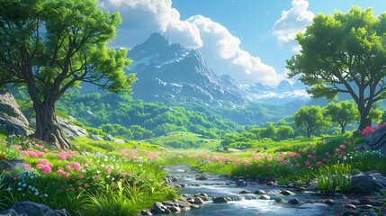 Wall Mural - A hidden valley with a clear river winding through, ancient trees with gnarled roots, and fantastical creatures like elves and dragons, lush greenery and vibrant flowers, under a sunny sky,