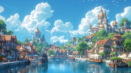 Wall Mural - A magical city with soaring spires, floating ships, and diverse inhabitants, bustling streets filled with market stalls, vibrant architecture, and magical creatures,