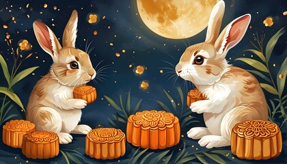 a cute white rabbit and two mooncakes are in the moonlight, surrounded by orange flowers and a night