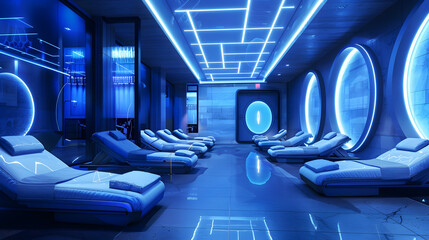 Poster - Sapphire Cybernetic Rehabilitation Center: Featuring a facility where individuals undergo rehabilitation and adjustment to cybernetic enhancements, with advanced medical technology and soothing blue