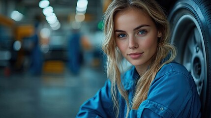 Poster - beautiful woman kneeling by wheel in a garage changing tires wearing blue coveralls female auto mechanic