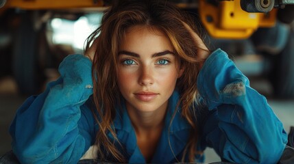 Poster - Beautiful woman in blue coveralls lying under a car on a mechanic creeper inspecting and repairing a vehicle working as a female auto mechanic in a garage.