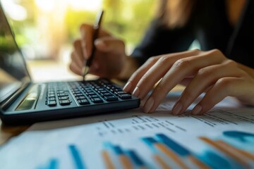 Wall Mural - Close up business woman using calculator to calculate financial report and working on laptop computer, calculate expenses, business finance and investment, budget, Generative AI