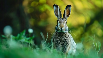 a wild brown hare is observing the camera while standing in the grass