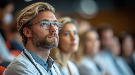 Poster - medical team of doctors sitting and listening on conference