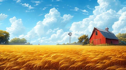 Wall Mural - A vast field of golden wheat swaying in the breeze, with a rustic red barn and a windmill in the background, vibrant and cheerful scene, under a bright blue sky with fluffy clouds,