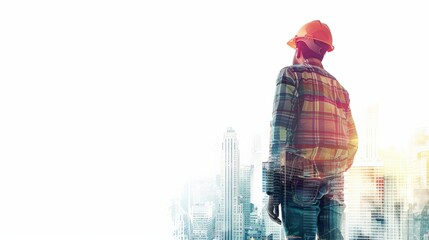 Wall Mural - A man in a hard hat stands in front of a city skyline