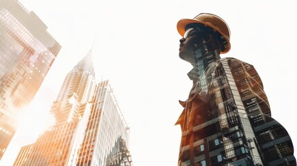 Poster - A man in a hard hat stands in front of a tall building