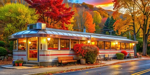 cozy american diner with neon signage and autumn foliage, welcoming customers to a rustic eatery in 