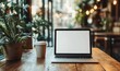 © Visual Odyssey - Mockup, laptop blank screen on wood table with coffee cafe background, template for your text advertisement, Generative AI
