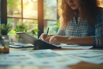 Wall Mural - Businesswoman calculating company finance and earnings and budget. Business woman working at office, calculating monthly expenses, managing budget, loan document, Generative AI